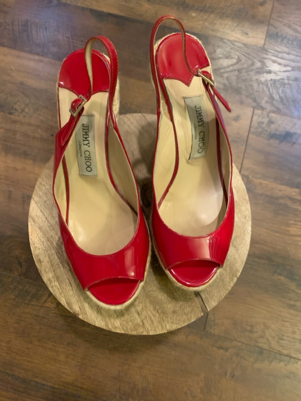 Jimmy Choo Glossy Red Patent Peep-Toe Wedge Slingbacks